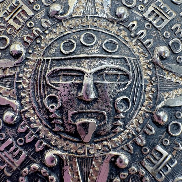 VTG Sterling Silver 925 Mayan Calendar Sun Textured Brooch Size 2" Diameter - Picture 2 of 10